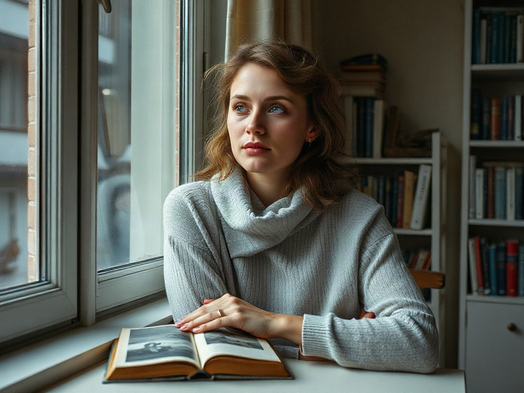 Девушка в светлом свитере сидит у окна с книгой, задумчиво смотря вдаль. За ней полка с книгами.
