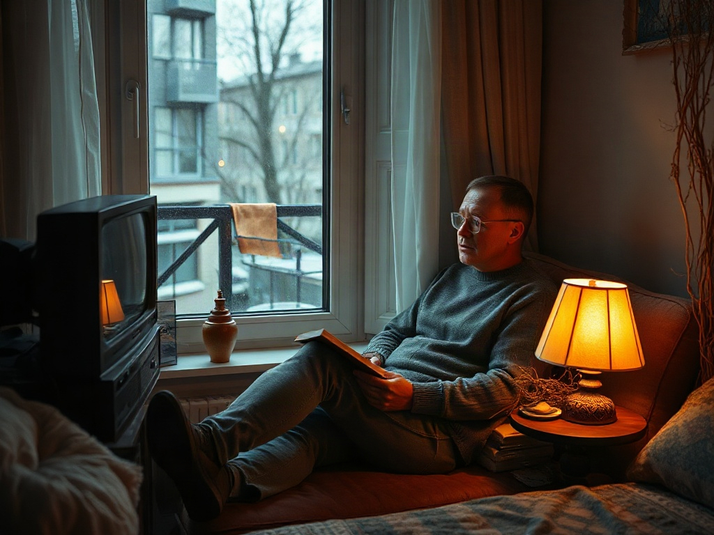 Мужчина читает книгу в уютной комнате рядом с окном, светит лампа, за окном дождливый день.